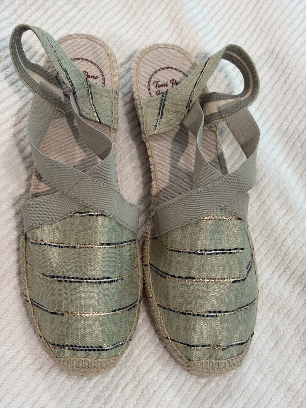 Toni Pons Women’s Metallic Striped Espadrille Flats Strap Green/Gold EU 40 NEW